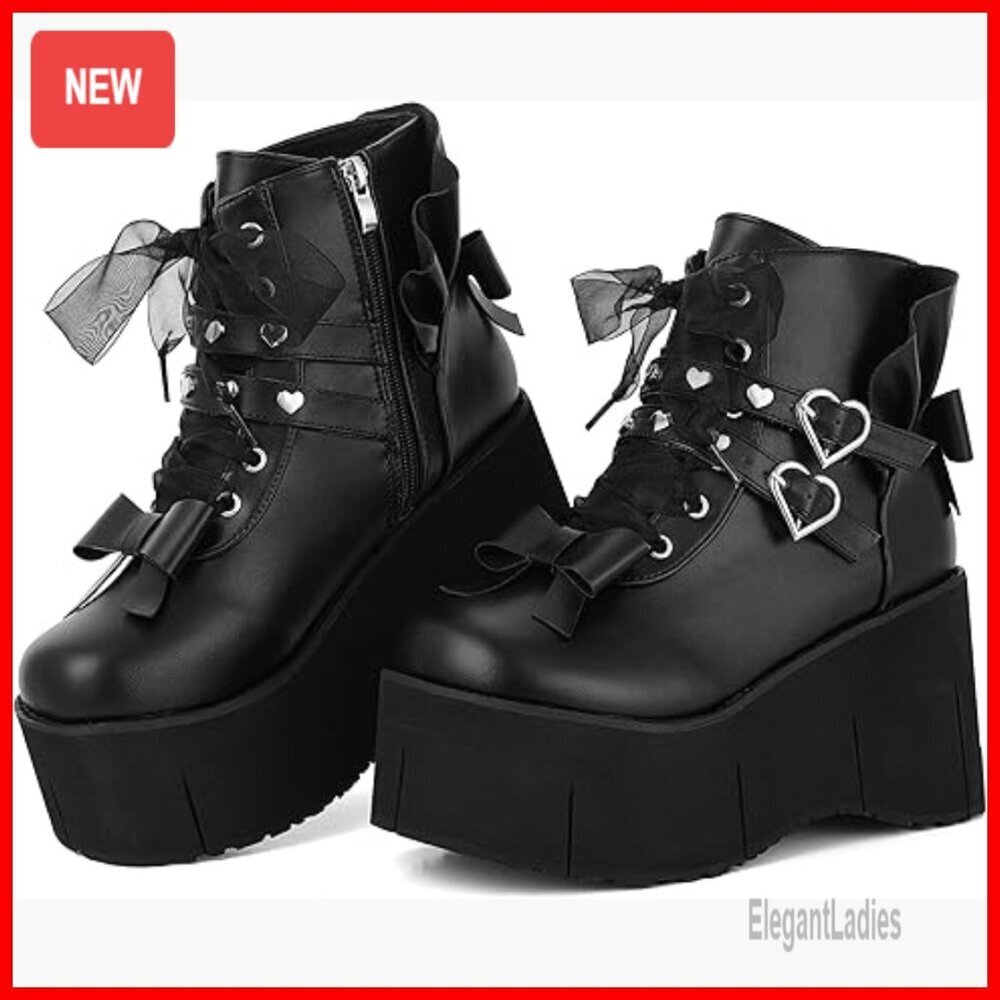 Platform Ankle Boots Lace Up Zipper Chunky Heel Punk Goth Combat